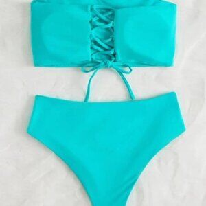NEW REVERSIBLE LACE UP BANDEAU BIKINI TWO PIECE SWIMSUIT